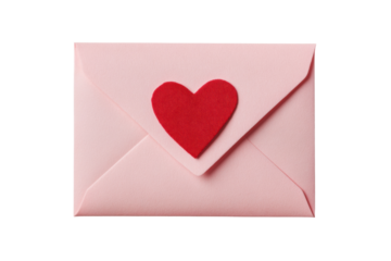 Pink envelope with red heart symbolizing love and affection, cut out