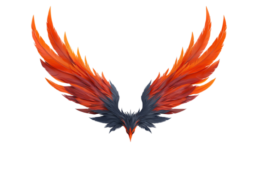 A vibrant, stylized illustration of majestic wings, showcasing hues of orange, red, and black, conveying strength and freedom.