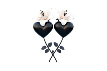 Two elegant black hearts intertwined with delicate white roses, symbolizing a blend of love and beauty.