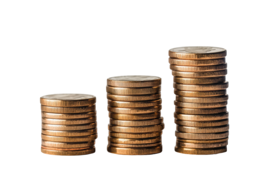 Stacked coins in increasing order representing growth and savings, cut out