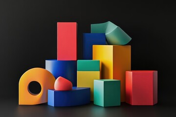 Fototapeta premium Geometric blocks on black background, 3D render. AI generated illustration.