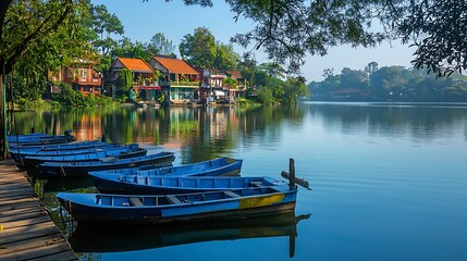 Obraz premium Scenic Lakeside View with Colorful Houses and Moored Boats in Serene Ambiance