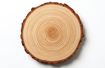 Top view wood slice with annual rings. Brown circular wooden cut with rough bark edge on white background. Natural wood texture, organic surface. Eco design, rustic decor, sustainable materials.