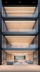 Fototapeta premium Modern building facade with glass balconies and an inviting lounge area