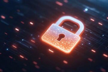Shimmering lock symbol amidst vibrant data streams represents cy