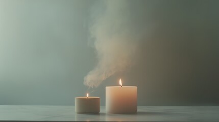 Candles burning softly in a serene setting with smoke billowing in a calming atmosphere