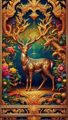 Fototapeta premium Colorful Ornate Deer with Floral Background