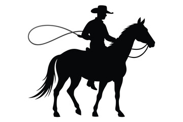 Naklejka premium Cowboy Silhouette Riding Horse with Lasso on Transparent Background Art