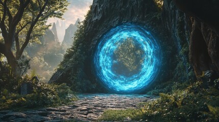 Fototapeta premium Mysterious glowing portal emerges in a serene forest at dawn, inviting exploration and adventure through untouched nature