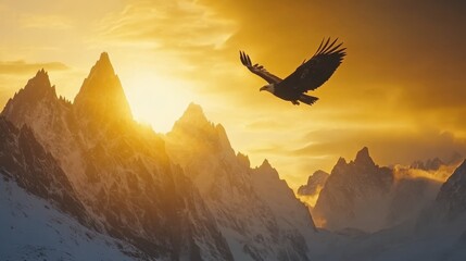 Fototapeta premium Majestic eagle soars over snow-capped mountains during golden hour, showcasing breathtaking natural beauty
