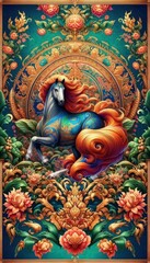 Obraz premium Vibrant Horse Art on Intricate Floral Design