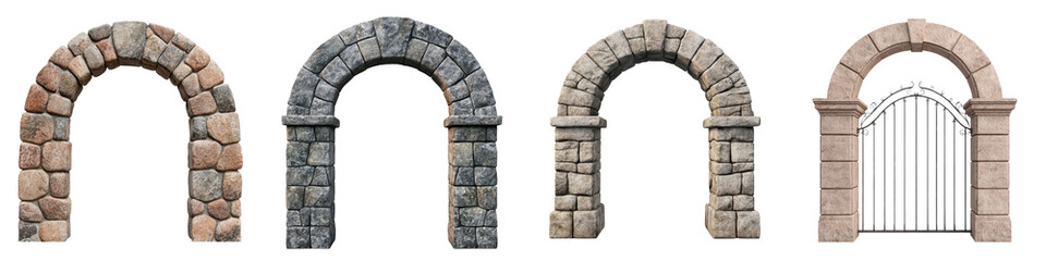 A collection of diverse stone archways and decorative gates showcasing different architectural designs materials and historical influences