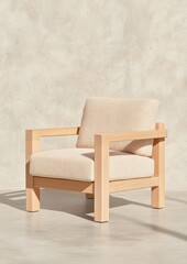 Modern minimalist wooden armchair with beige cushions in sunlit room