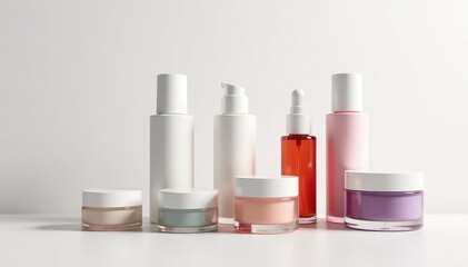 Various cosmetic containers, bright white setting, white, packaging, contour