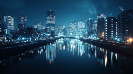 Naklejka premium Serene cityscape at twilight, urban skyline reflection in calm river