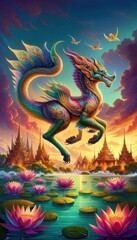 Colorful Mythical Creature in a Serene Landscape