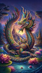 Obraz premium Vibrant Serpent in Mystical Landscape at Dusk