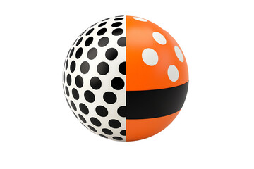 A half-black, half-orange ball features contrasting polka dots and a central black stripe, showcasing a unique design.