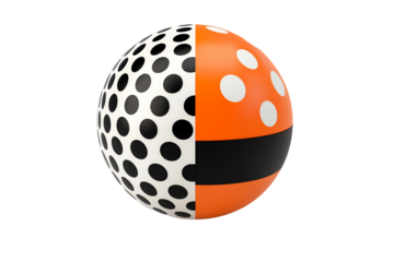 A half-black, half-orange ball features contrasting polka dots and a central black stripe, showcasing a unique design.