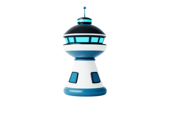 A stylized lighthouse featuring a circular top, blue accents, and a modern design.
