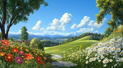 Dreamy wildflower landscape, bright blossoms scattered across rolling green meadows
