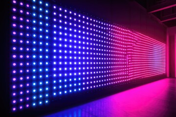Concave LED display with neon lights, digital scoreboard. AI generated illustration.
