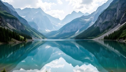 The serene lake, surrounded by majestic mountains and lush vegetation, creates a stunning mirror image of the rugged landscape, captivating all who gaze upon its crystal clear waters.