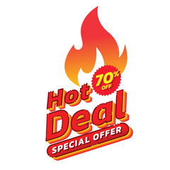 Hot Deal, Online selling promotion, banner design with fire shape, summer and colorful concept. Online marketing, shopping day, special offer, voucher and discount. Vector illustration.