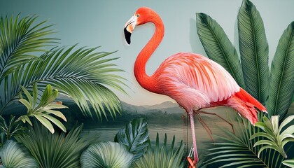 flamingo and plants wallpaper design tropical leaf landscape mural art