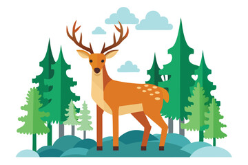 Deer in Forest with Evergreen Trees on White Background