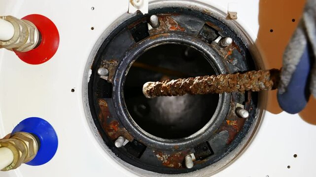 Close-up of a technician removing a used magnesium anode and inserting a new one through the bottom opening of a water heater &mdash; perfect for service, repair, and maintenance videos.