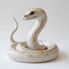 Fototapeta premium a coiled white snake with subtle yellow markings, its head raised and turned to the left, against a plain background.