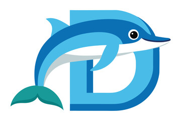 Obraz premium Cartoon Dolphin Leaping Through D Letter, Flat Design, Blue and Teal Colors, Isolated