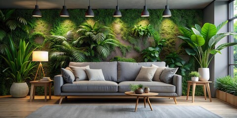 Fototapeta premium Cozy living room with grey sofa surrounded by lush greenery and natural textures