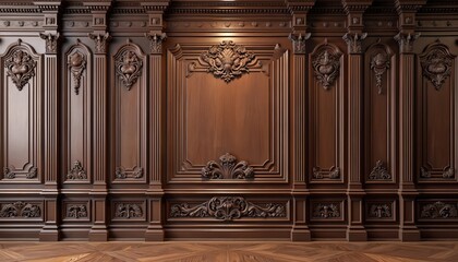 Fototapeta premium Old wooden wall with decorative panels, carved elements. Interior in classical style. Vintage wood surface, intricate design. Brown color, retro decor. Ornament, baroque, carved details. Ideal