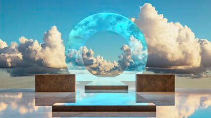 Elegant composition of white clouds passing through a glowing blue circle, modern surrealist style
