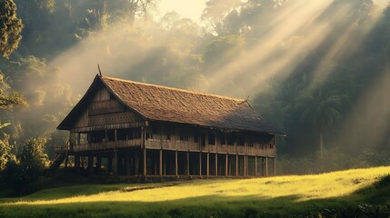 Traditional wooden longhouse in Borneo rainforest with sun rays and lush greenery