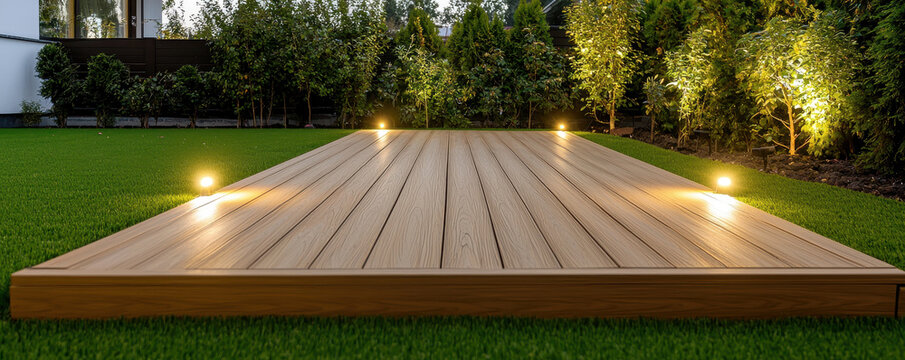floating wooden deck on synthetic grass with lights creates serene outdoor space
