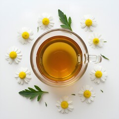 Overhead View of Calming Chamomile Tea in Clear Glass Cup Surrounded by Blooming Chamomile Flowers and Fresh Green Leaves on a Clean White Surface, Ideal for Wellness and Natural Remedy Concepts