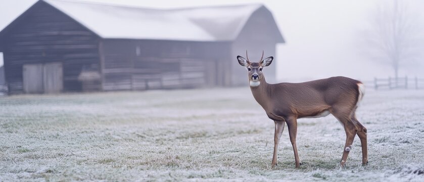 A solitary deer stands alert in a misty winter field, with a rustic barn in the distance, highlighting the tranquil charm of rural serenity. - Powered by Adobe