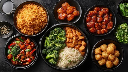 A vibrant, layered meal presented in black bowls. Noodles, chicken, rice, and veggies create a delicious, organized spread
