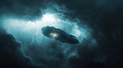 Fototapeta premium Mysterious spacecraft illuminates stormy clouds during a lightning storm at night