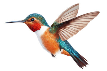 Fototapeta premium Colorful hummingbird in mid-flight with vibrant plumage and outstretched wings, cut out