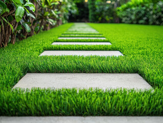 Artificial grass and concrete pavers create modern garden path