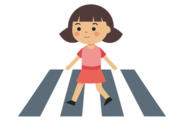 Cartoon Girl Walking Over Zebra Crossing With Brown Hair and Wearing Pink Outfit