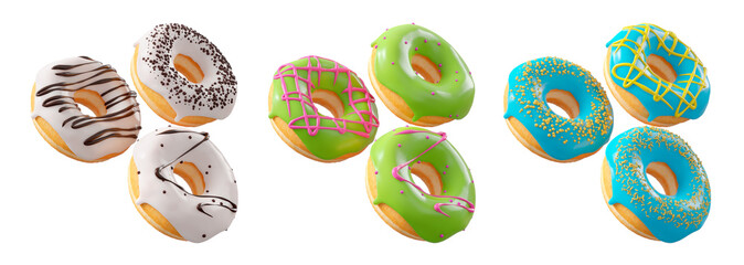 Assorted donuts with colorful icing, sprinkles, and chocolate isolated on white transparent...