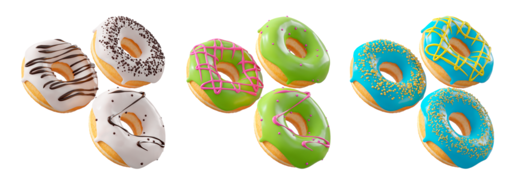 Assorted donuts with colorful icing, sprinkles, and chocolate isolated on white transparent background. 3d rendering and illustration of dessert variety