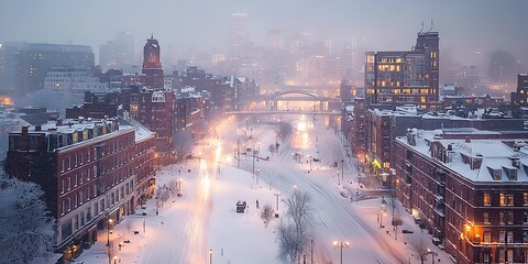 Snow-Covered Providence, Rhode Island, A Winter Wonderland Cityscape at Dusk