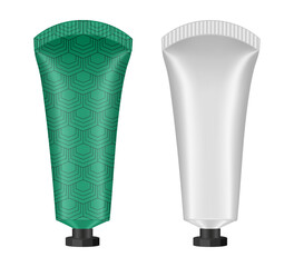 Set of cosmetic tubes with small screw cap. 3d mockup. Green pattern and white basic color. Hand cream, mask or lotion.	