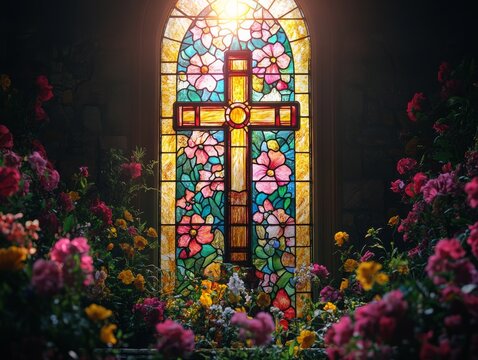 Stained Glass Cross Radiance: A Floral Easter Celebration of Faith, Light, and New Beginnings in a Church Sanctuary, Embracing Hope and Joy.